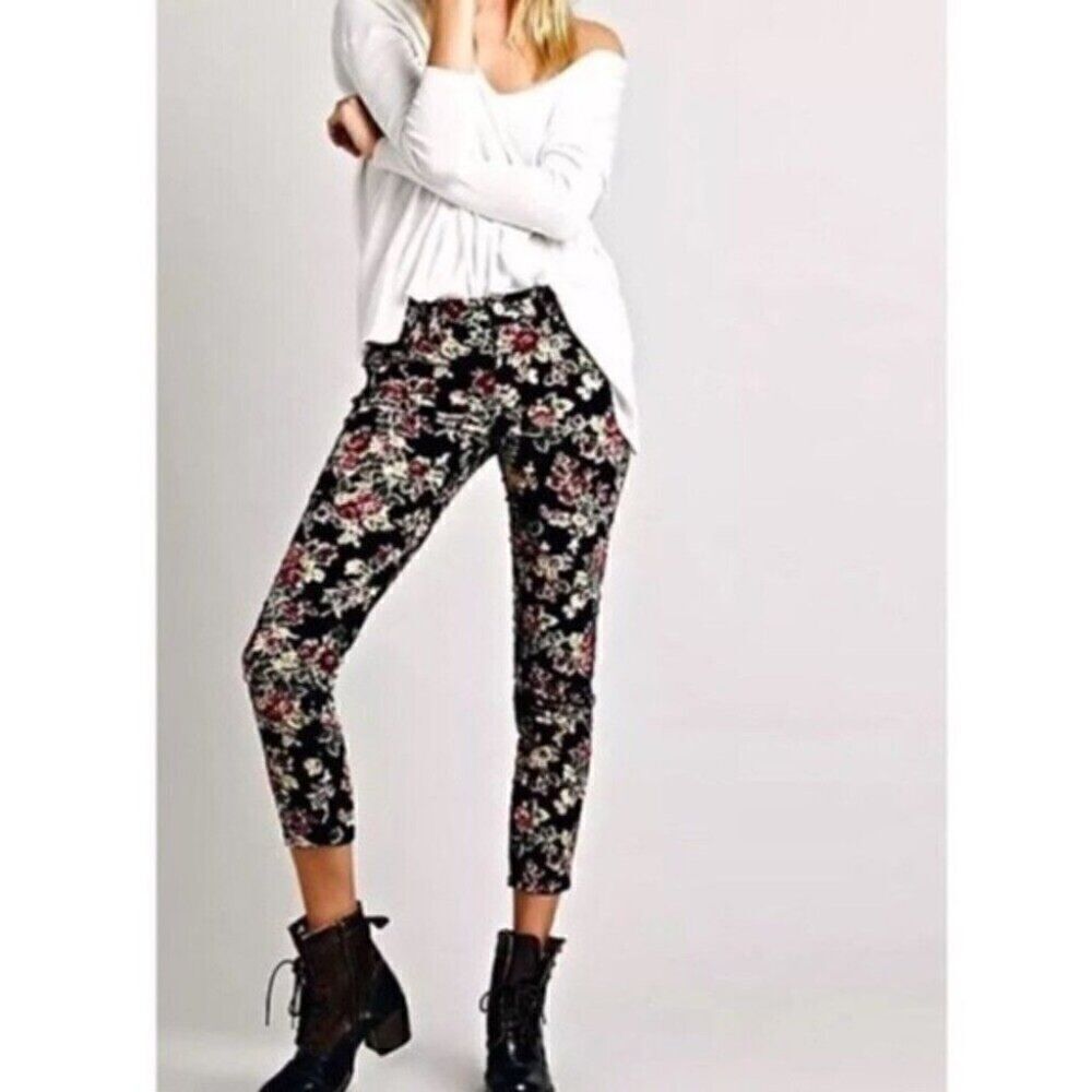 Free People Black Floral Corduroy Skinny Pants Jeans